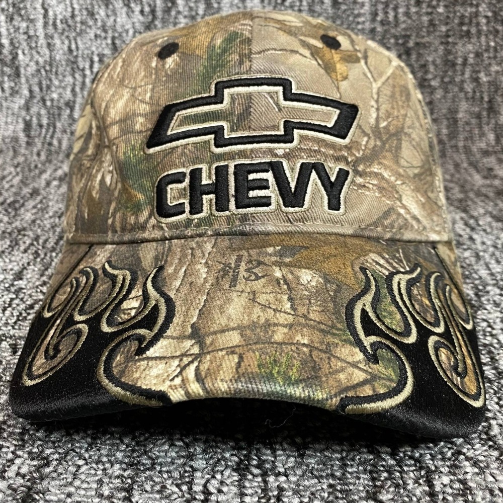 Vintage Chevy Camo Hat Realtree Xtra Embroidered Flames Signatures Stretch L XL